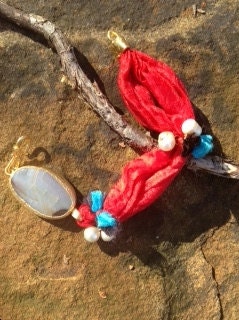 100% Tangerine Silk, Gray Gold Quartz Bracelet Adorned with Tea Stained Fresh Water Pearls...Brass and 24k gold Plating.
