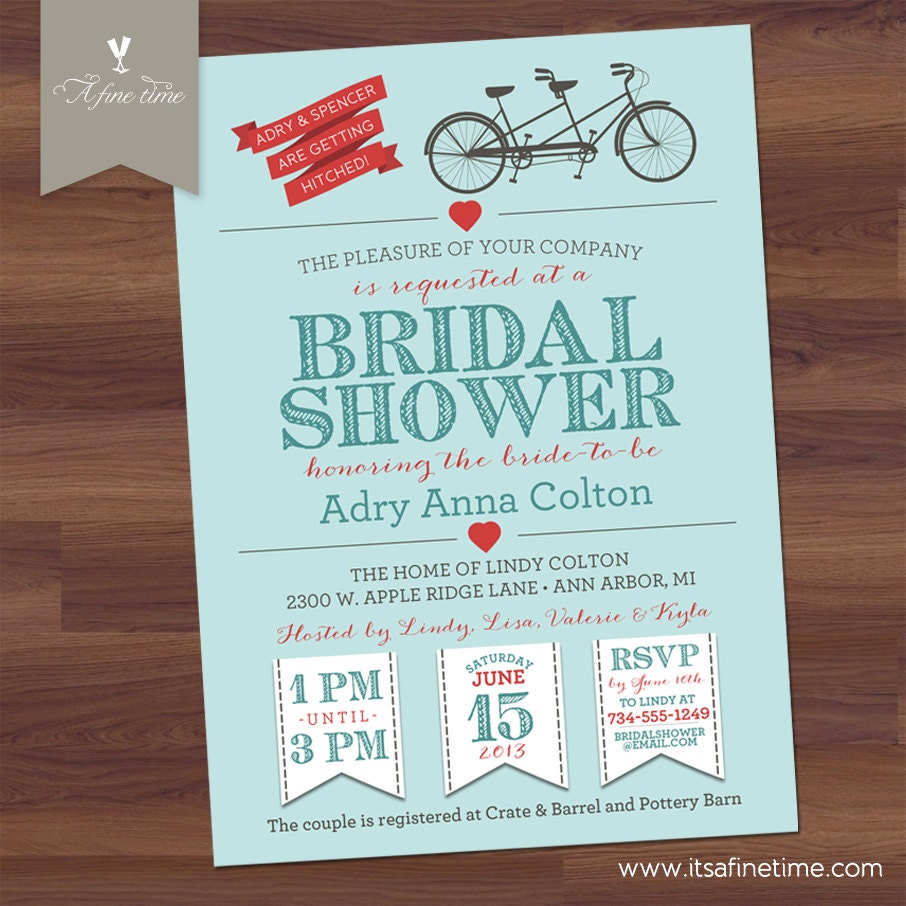 Bridal Shower Invitation - "Bicycle for Two" -  Retro, Vintage, Bike - Aqua, Red - Couples, Wedding, Engagement Party, Birthday (U Print)
