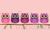 5 x 7 Cute Owls on branch print (customise colours)