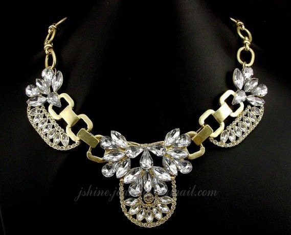 Statement Bubble Beaded Crystal Retro J.Crew Inspired Necklace, Antique Alloy Vintage Pretty/Bib/Party Jewelry (JS-N-0054A)