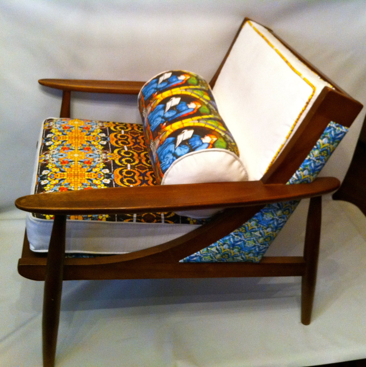 Mid Century Chair Modern Danish 60s walnut  w custom designer fabric by Emily Gartner