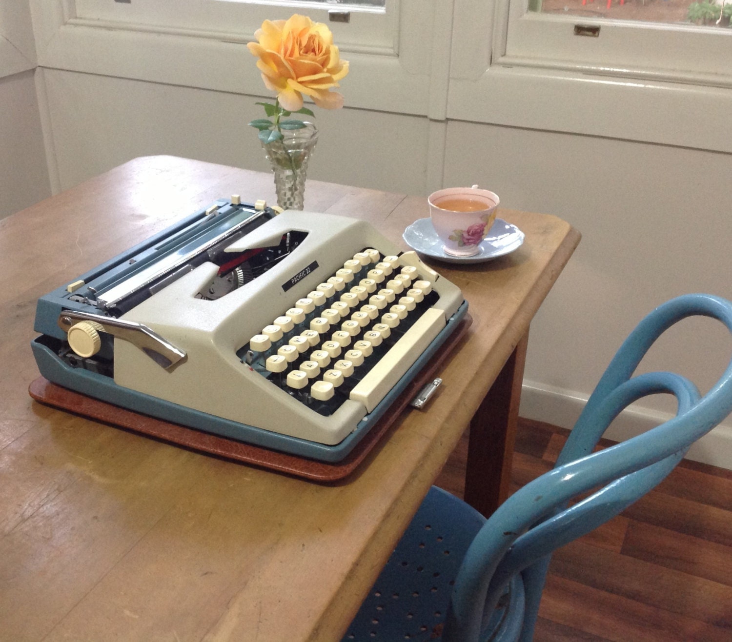 Retro Maritsa Portable Typewriter, Blue and Light Grey with Original Case.