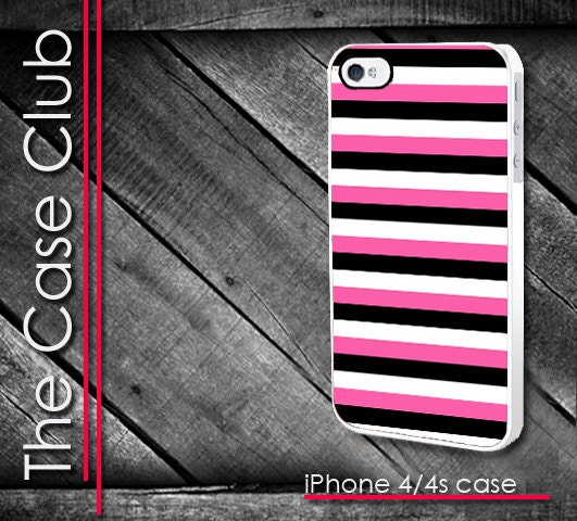 iPhone 4 4S Hard Plastic Case - Pink black and white stripes - apple iPhone 4S Cover Case