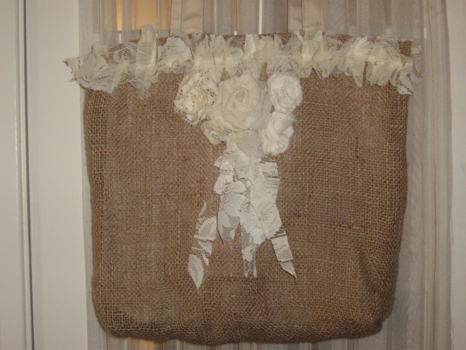 Burlap shabby chic tattered tote bag  purse with handmade rosettes,lace, ruffles,one of a kind design