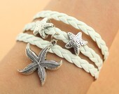starfish beads bracelet--beach summer bracelet,antique silver charm bracelet,white leather bracelet,friendship gift,MORE COLRS
