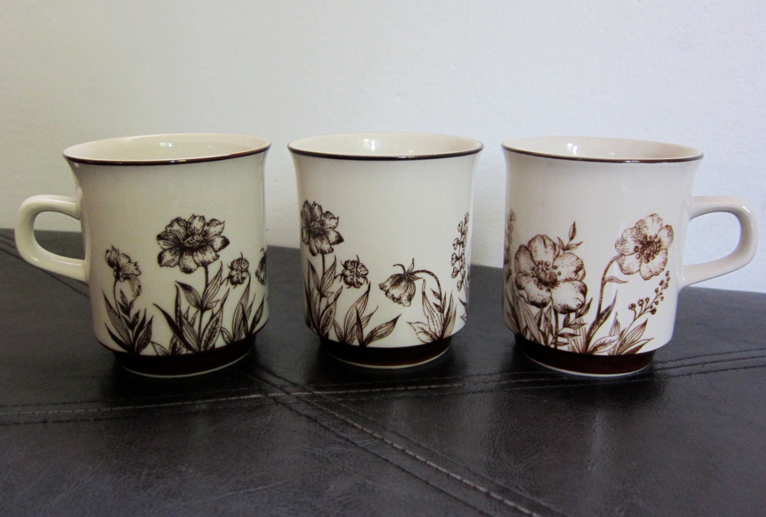 Retro Indian Summer Brown Floral Stoneware Tea or Coffee Cups set of 3 made in Japan
