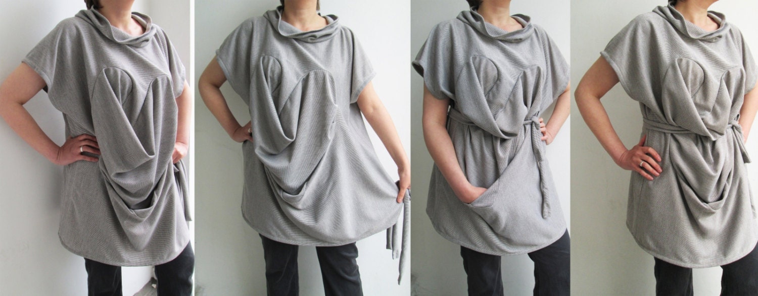 CENTAURE Tunic Blouse Top Vest  Quirky  Sculptural Alternative Striped Cotton Jersey Cafe Latte Plus Size  Maternity - Subtraction Cutting