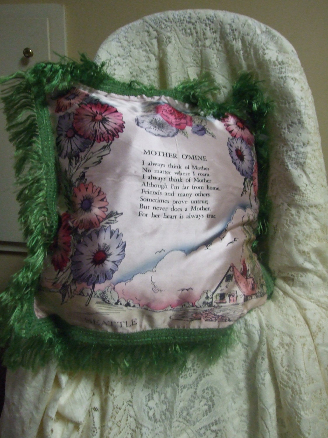 Vintage Silk Pillow Cover , City Seattle , Shabby Chic , Country ,Retro , Cottage Chic, Mother Poem