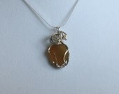 Golden Amber Genuine Sea Glass Pendant Wire Wrapped in Sterling Silver