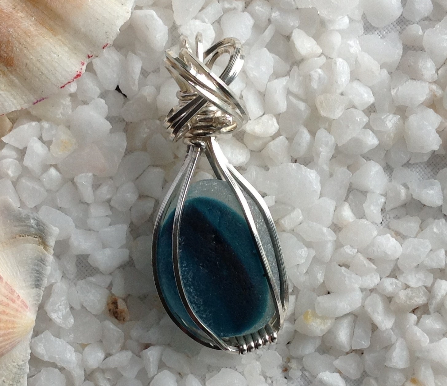 Turquoise "End of Day"  Sea Glass Pendant Wire Wrapped in Sterling Silver
