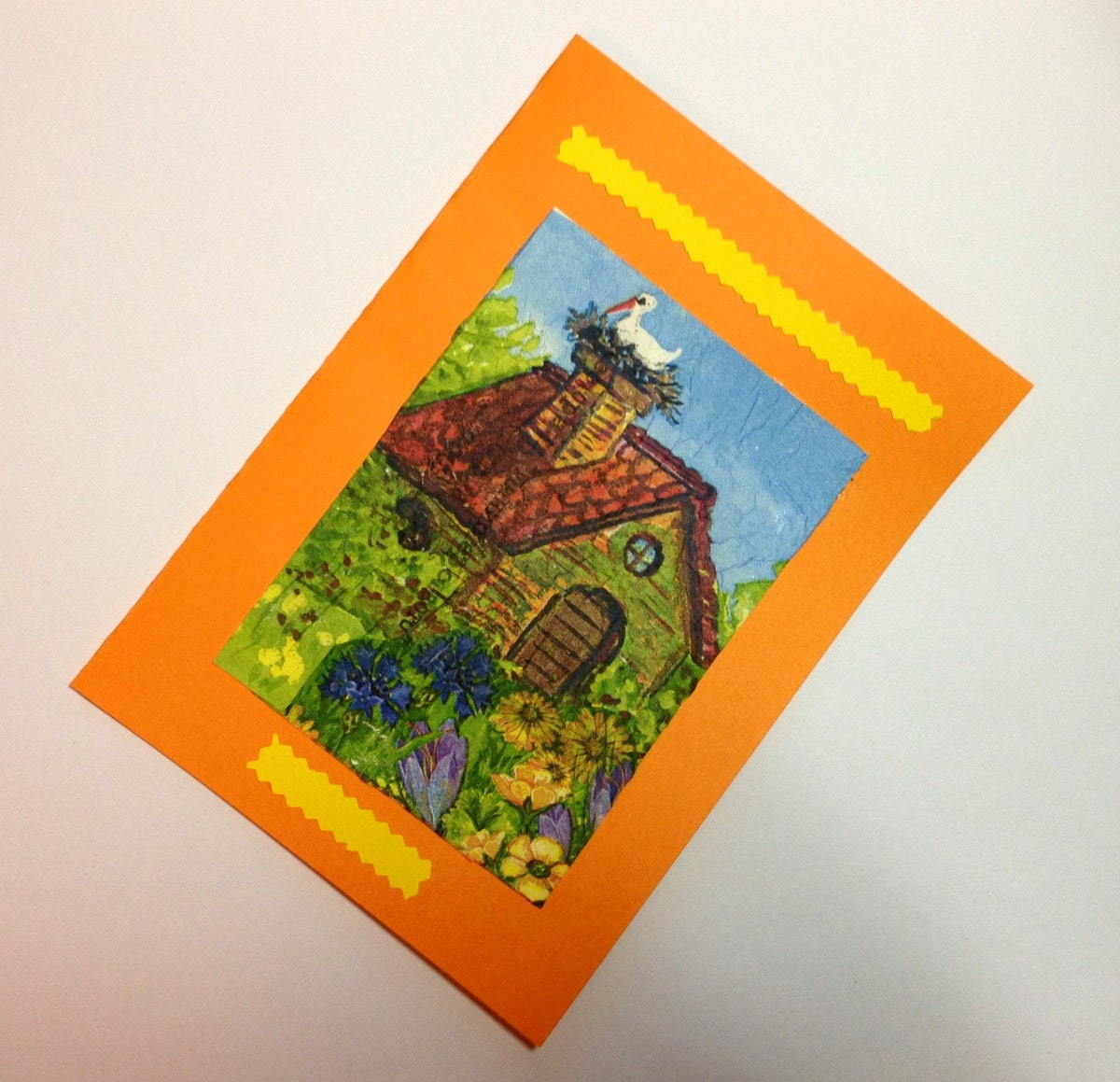 Handmade traditional SPRING 2013 Greeting Card - DECOUPAGE - stork on the chimney
