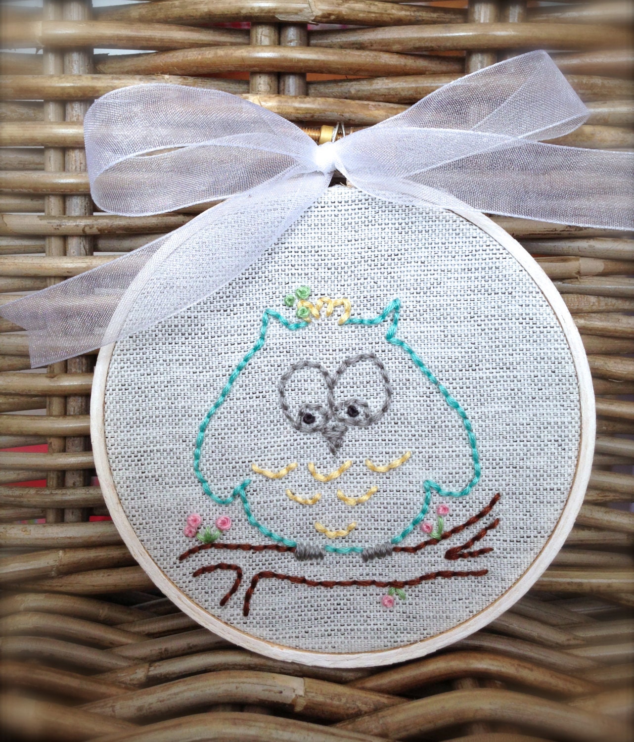Embroidery Hoop Wall Art, Hand Embroidered Owl, 4" Wood Hoop, Eco-Felt Covered Back, Organza Ribbon, Embroiderwee