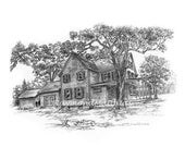 Large country house pen and ink drawing black and white 5x7