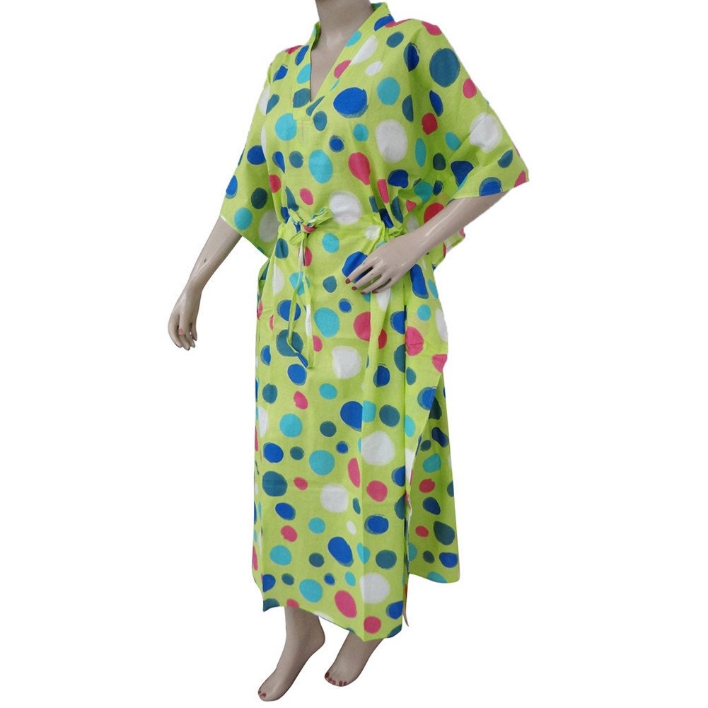 Summer Long Kaftan Polka Dot Robes Evening Women Maxi Dress Cotton Caftan SZ 6X - KF857
