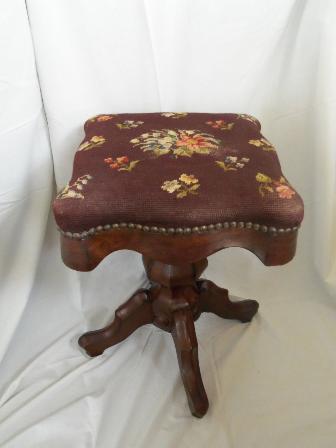 Antique Piano Organ Stool Hand Embroidered Stitched Fabric Top Wooden Victorian Vintage