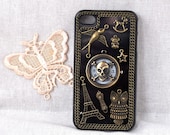 handmade black cell phone case for iphone 5 or 4 4s or ipod touch 4 5 hard cover with bronze  skull ghost clock and chain