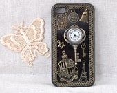 black case for iphone 4 or 5 4s or ipod touch 4 5 hard cover with bronze key clock and chain