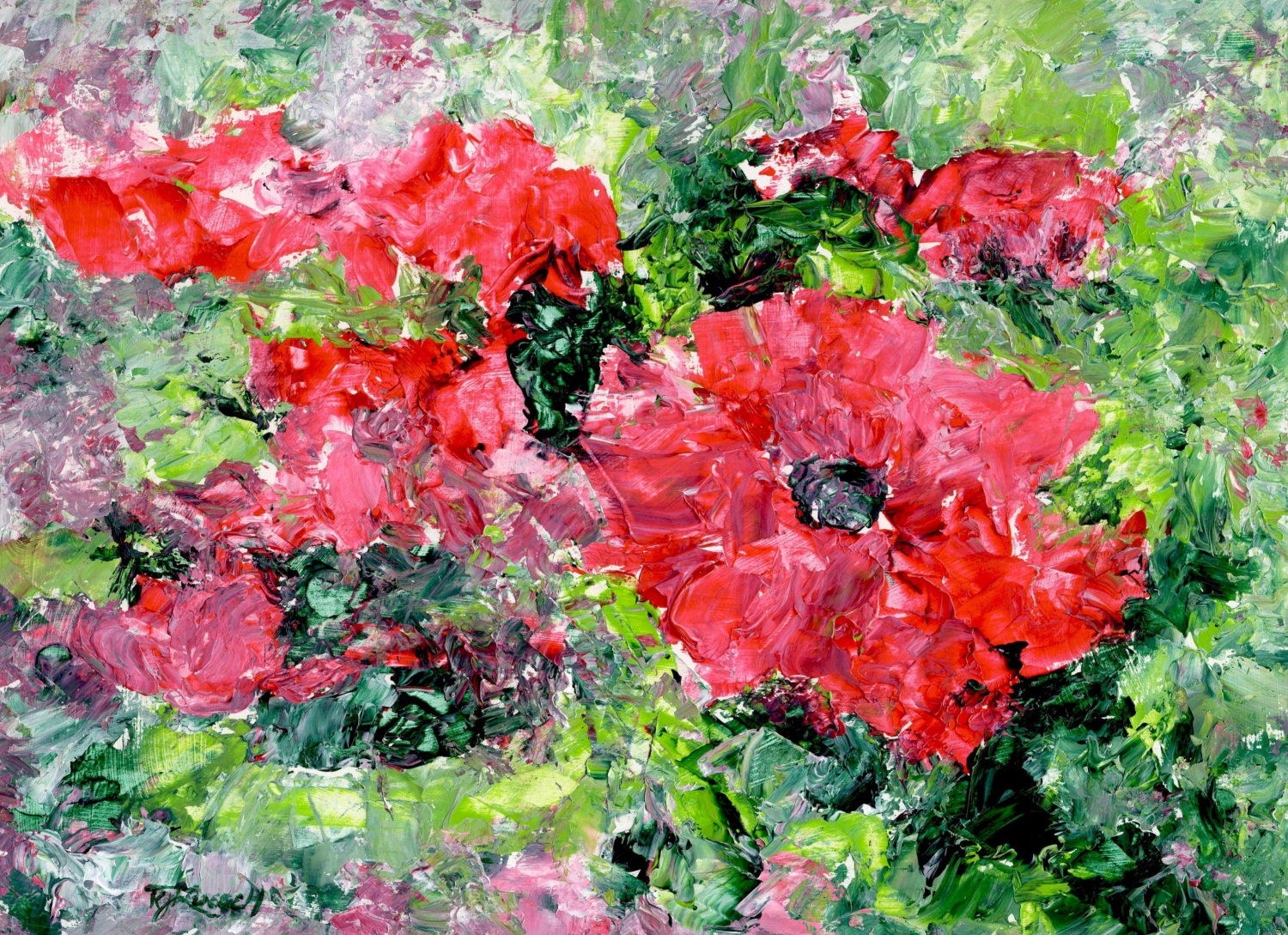 Abstract Red Flowers Poppies Colorful Painting Bright Original Art 9 x 12 Artist K. Joann Russell