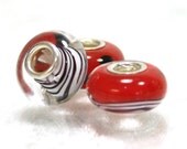 NEWSPAPER TRIO - Handmade European Lampwork Bead Charm with Sterling Silver Core Black, White and Red
