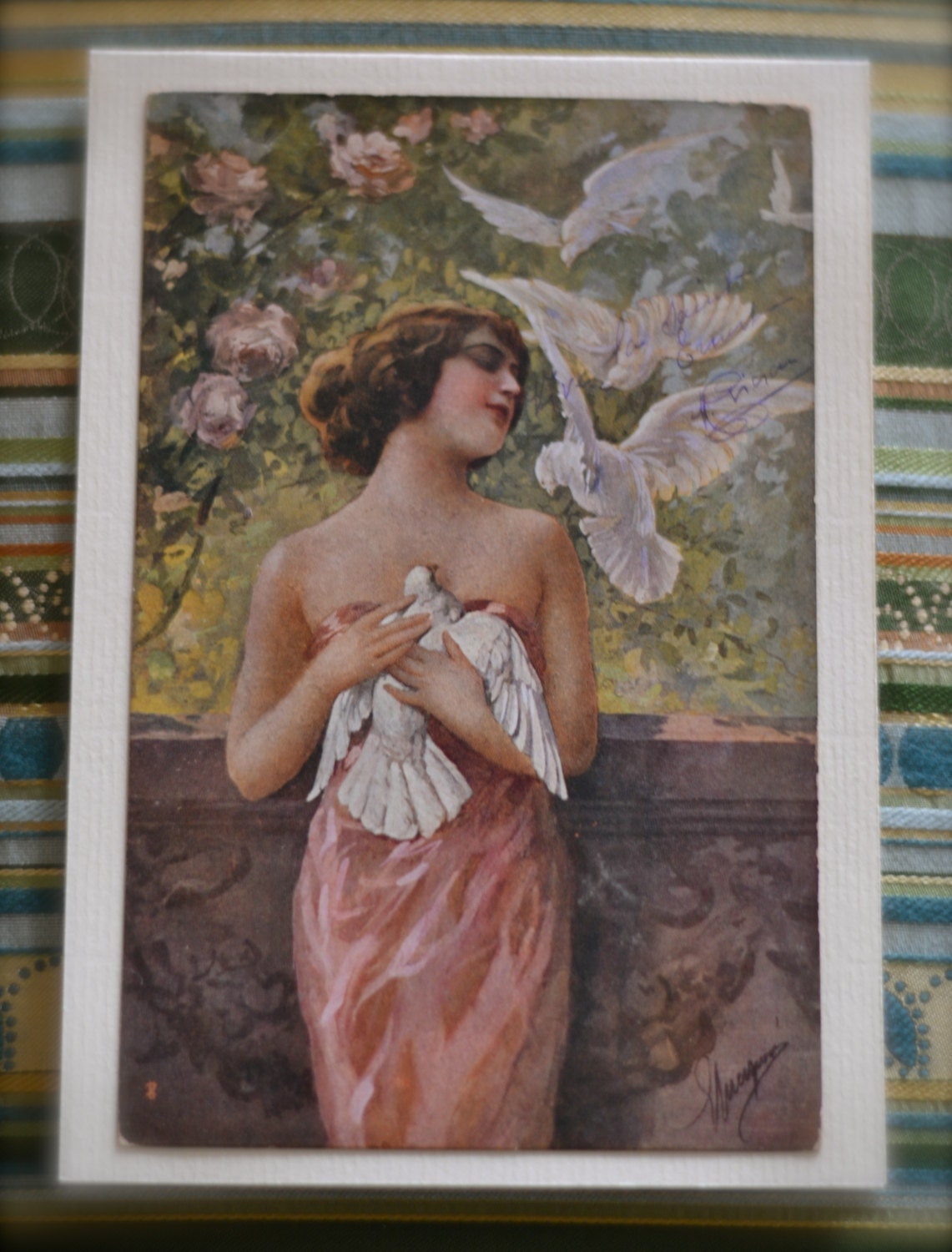French, sensual vintage woman with doves and flowers - Vintage French Greeting Card (mounted vintage French postcard)