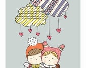 Flo and Boo Raining hearts. Pen and Ink illustration. Download file. Printable