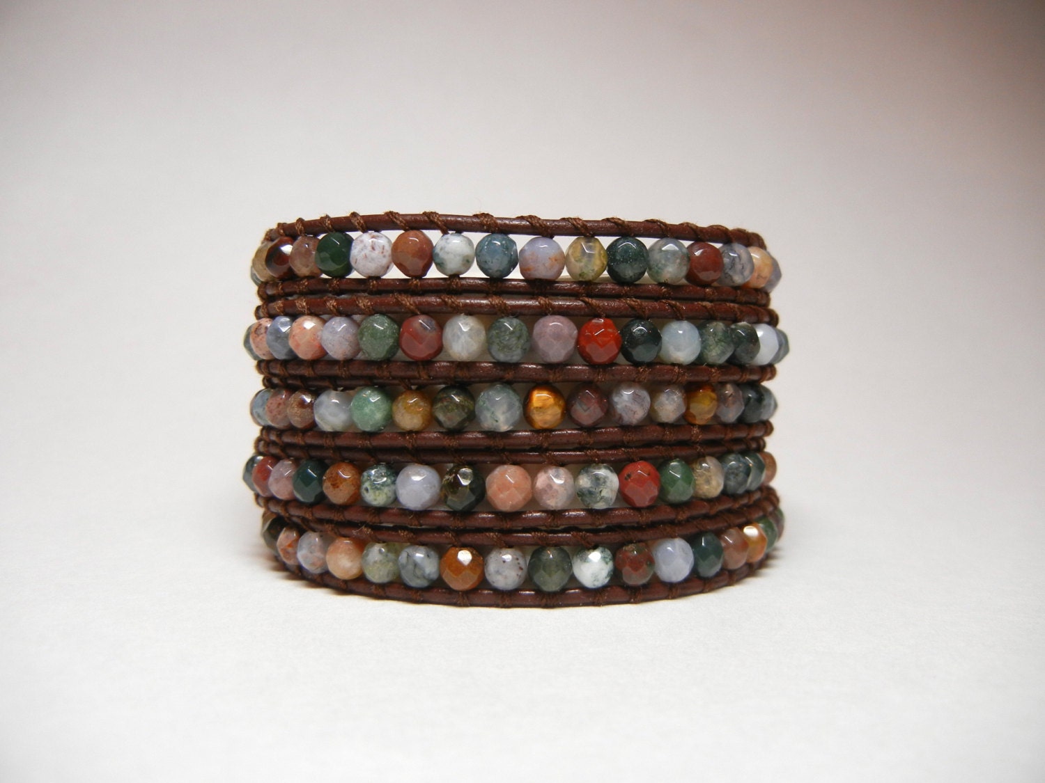 Chan Luu inspired multicolor agate gemstone and leather wrap bracelet with sterling silver handmade button - 5 wrap