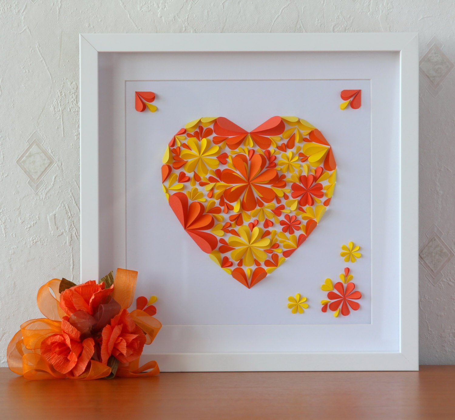White Box Frame Handmade 3D Art Blossom Flowers Heart Handcut Paper Orange Yellow Wall Decoration Deco Gift Birthday Wedding Anniversary