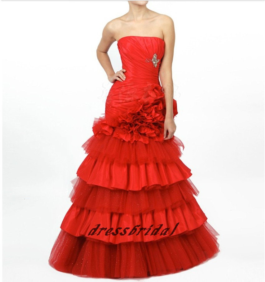 Custom Handmade Cheap Vintage White/Ivory Red Strapless Ruched A Line Tiered Flower Tulle Mermaid Wedding Dress Bridal Gown Gowns