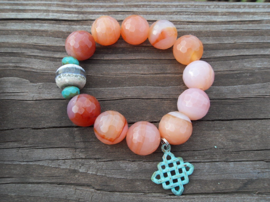 Faceted Peach Agate Stretch Bracelet with Turquoise Celtic Weave Charm