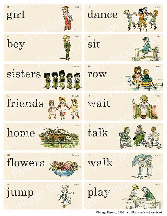STORYBOOK FLASHCARDS Vintage Style Digital Collage Sheet for Altered Art Mixed Media Scrapbooking