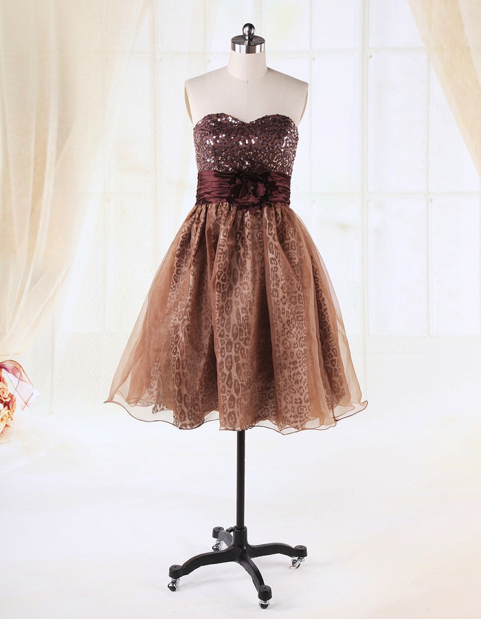 2013 New arrival Sexy Leopard Sweetheart Sparkling Short Coffee Chiffon Prom/Cocktail/Evening/Party Dress with hand-made flower under 100
