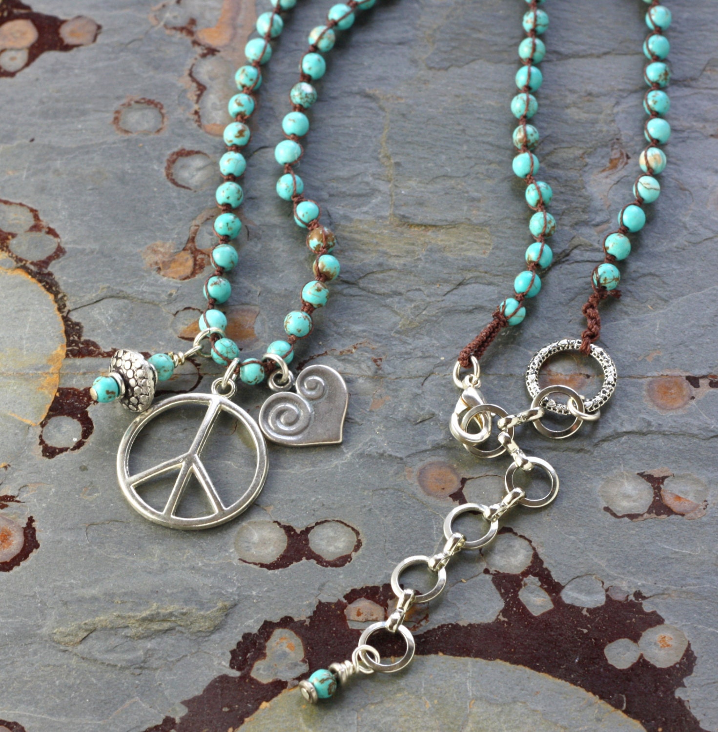 Turquoise bead macrame necklace peace charm hippie jewelry