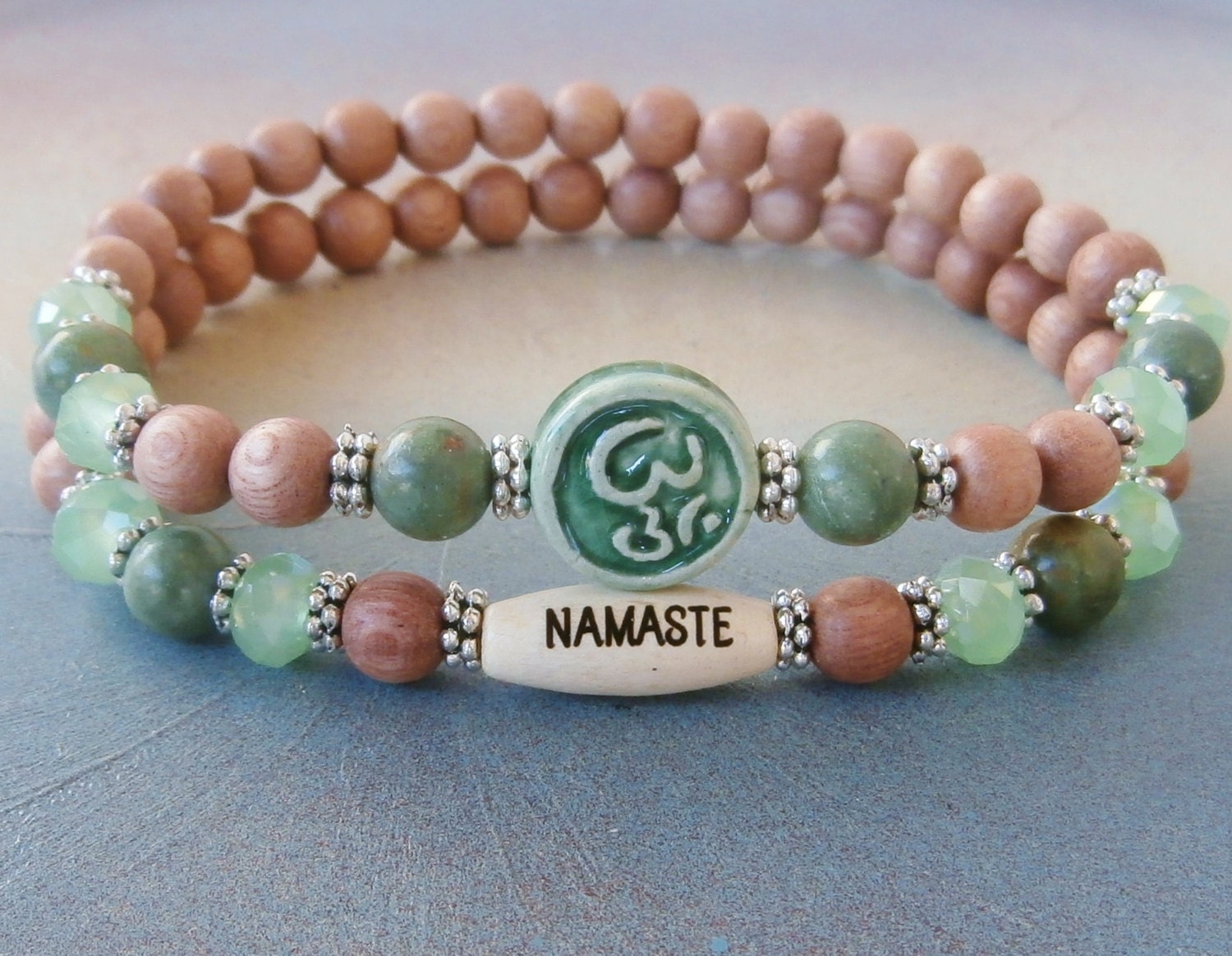Women's Namaste Green Opal, Om Bracelet set, Mala set, intention bracelet, Gemstone bracelet, Buddhist bracelet