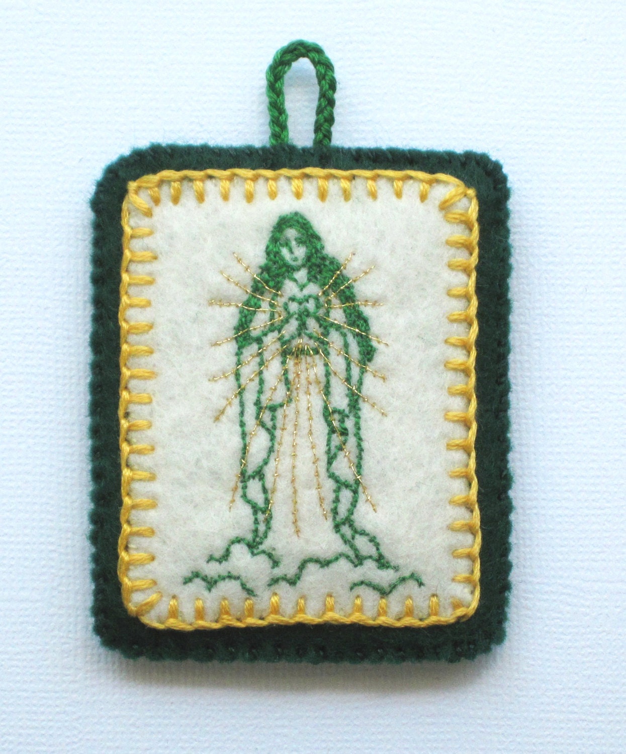 Embroidered Green Scapular: Green Felt and Cream Wool Felt