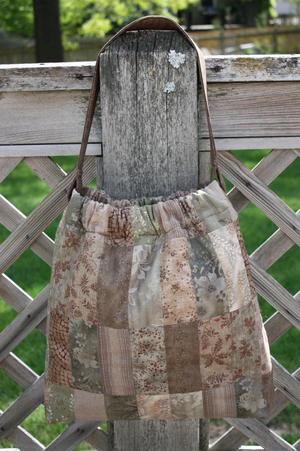 Handmade Quilted Pieced Purse Bag Tote Made with Japanese Taupe Fabrics in Natural Colors