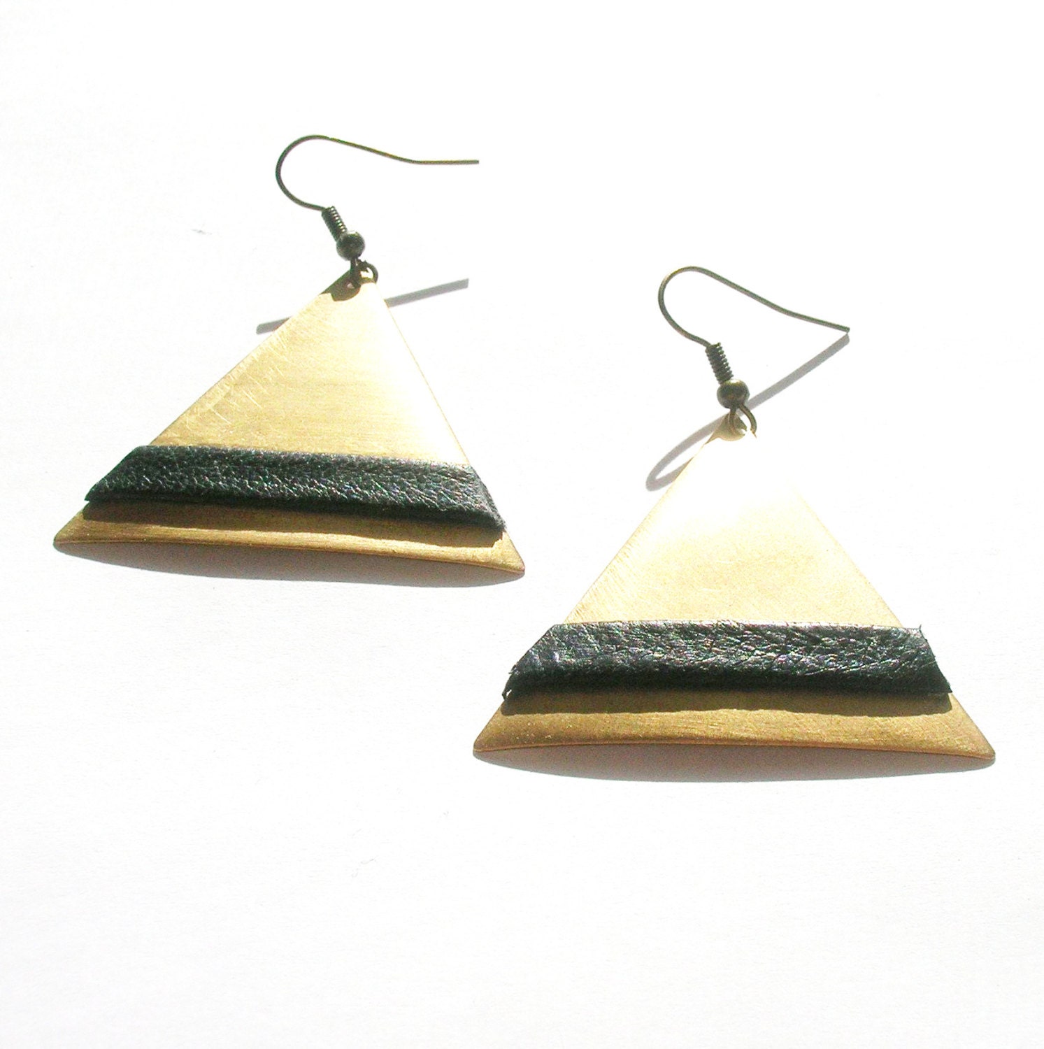 Geometric Earrings Brass Triangle and Black Leather