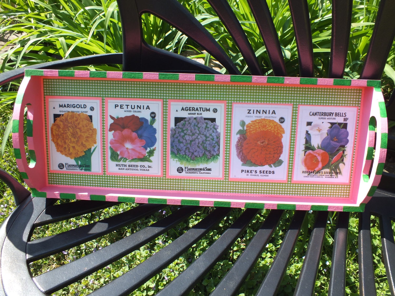 Pink and Green Bar Tray, Seed Packet motif, measures 21 x 8