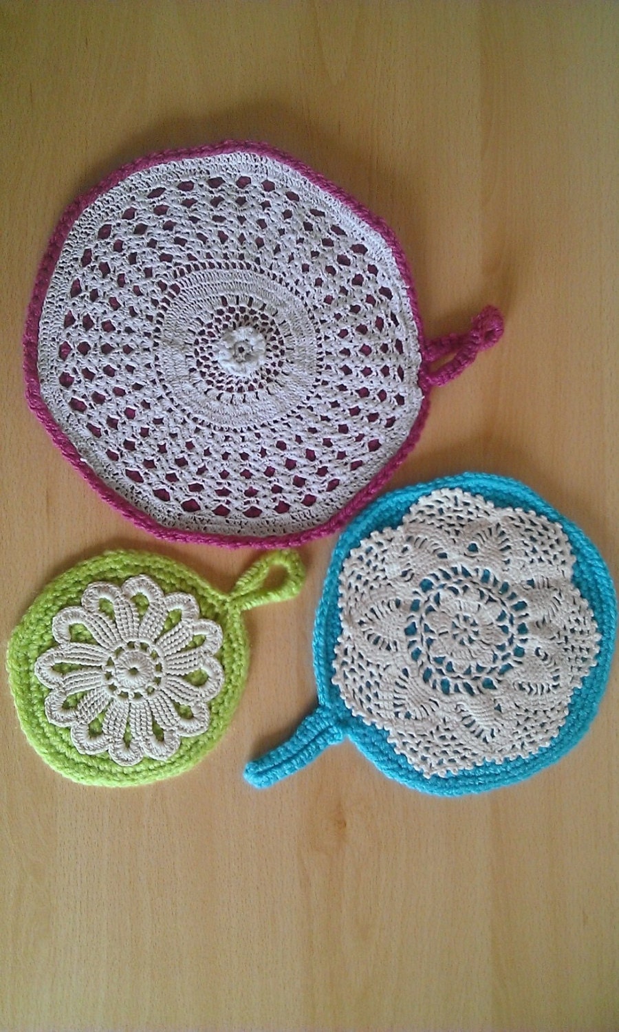 Three Upcycled crochet pot holders with Vintage Crochet Doily