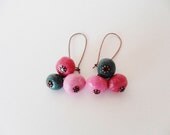 Dangle earings, pink and green, handmade polymer clay beads, handmade jewellery