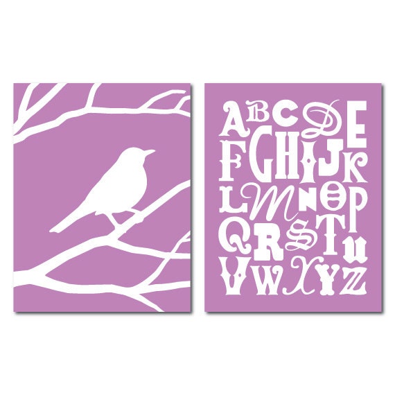 Nursery Art Prints - Customizable Set of Two 8x10 Prints - Bird Silhouette and Alphabet Pair - Choose Your Colors (Shown in Purple & White)