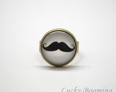 Mustache Ring - 16mm Black Curly Moustache Glass Art Ring, Picture adjustable Ring R4