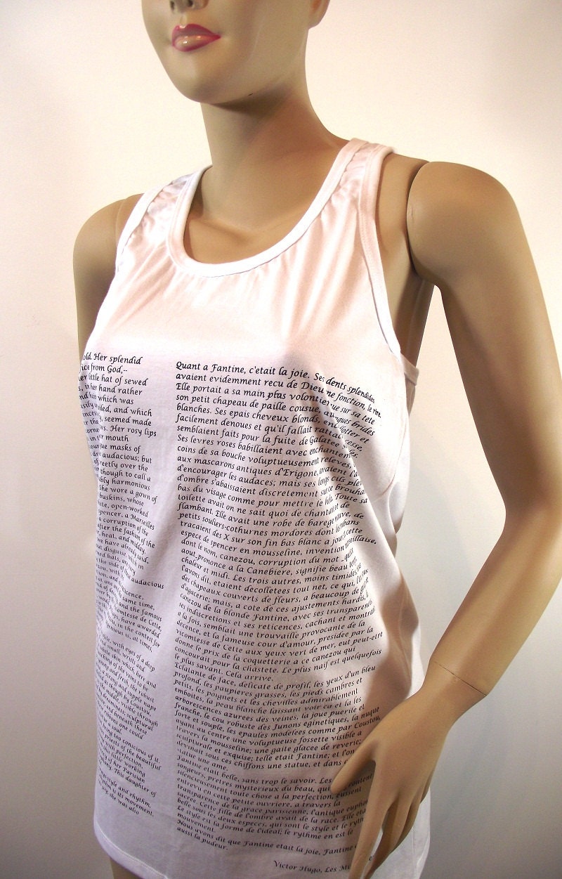 Les Miserables Tank Top White tshirt Literary Shirt Screen Printed English and French Book Text Raceback Cut Tank Top Pima Cotton