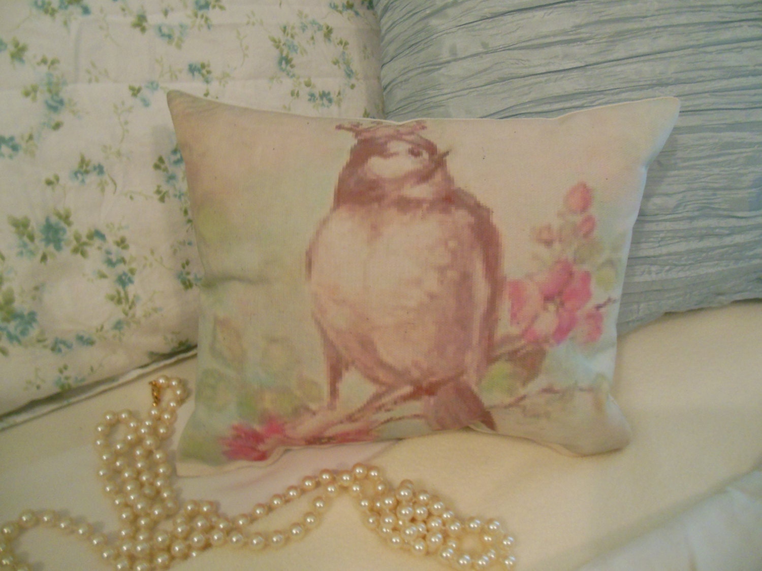 Handmade Accent Cottage Chic Decorative Pillow. French Bird With Crown. Beautiful Shabby Pastels. Paris Chic On Cotton Canvas. Graphics