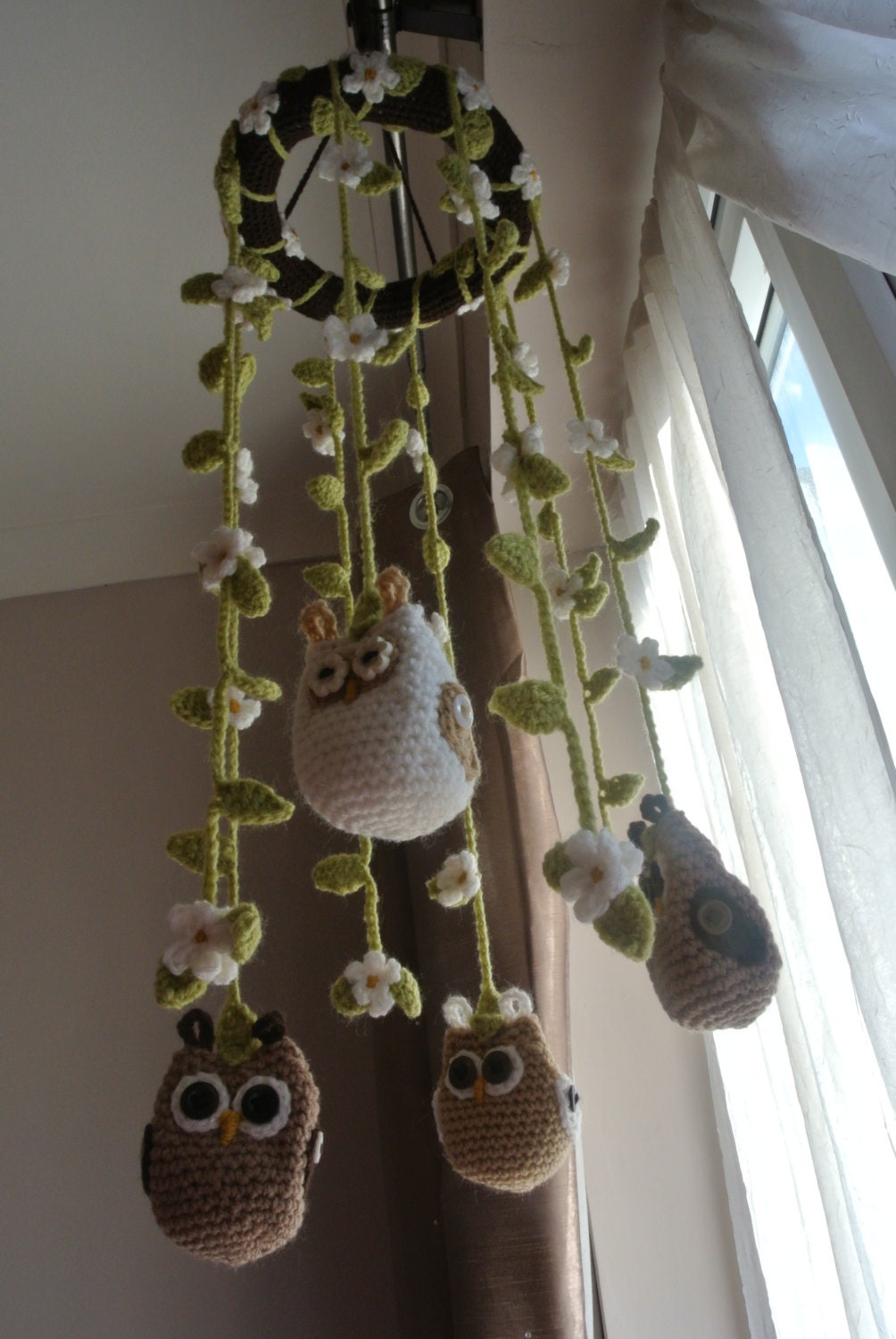 Handmade crochet baby nursery cot mobile with owls and flowers for girls and boys