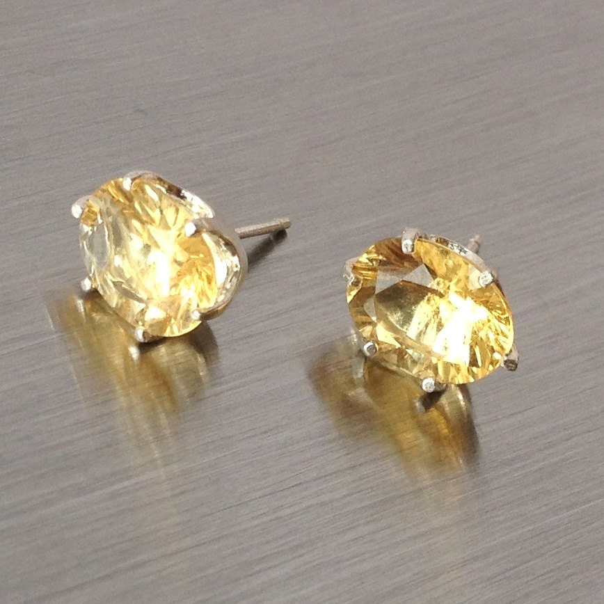 semi precious yellow citrine gemstone oval stud earrings - 10x8 mm stone - sterling silver prong setting - november birthstone