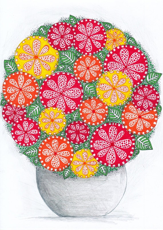 Openwork Flower Pot Bouquet - 8.3x11.7" (A4) Digital Art Print on Satin Paper, Giclee Wall Decor, Poster, Pencils, Crayons - CHOOSE 1 of 5