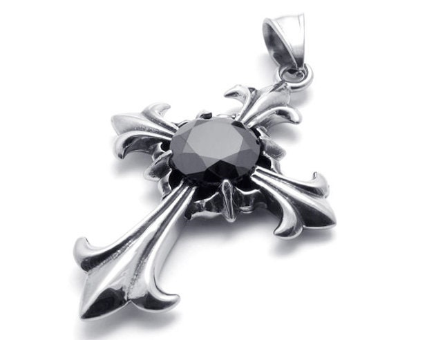 Stainless Steel Heavy Metal Cross Pendant with Black Rhinestone, for Rockers, Motor Bikers, Gift for Boyfriends