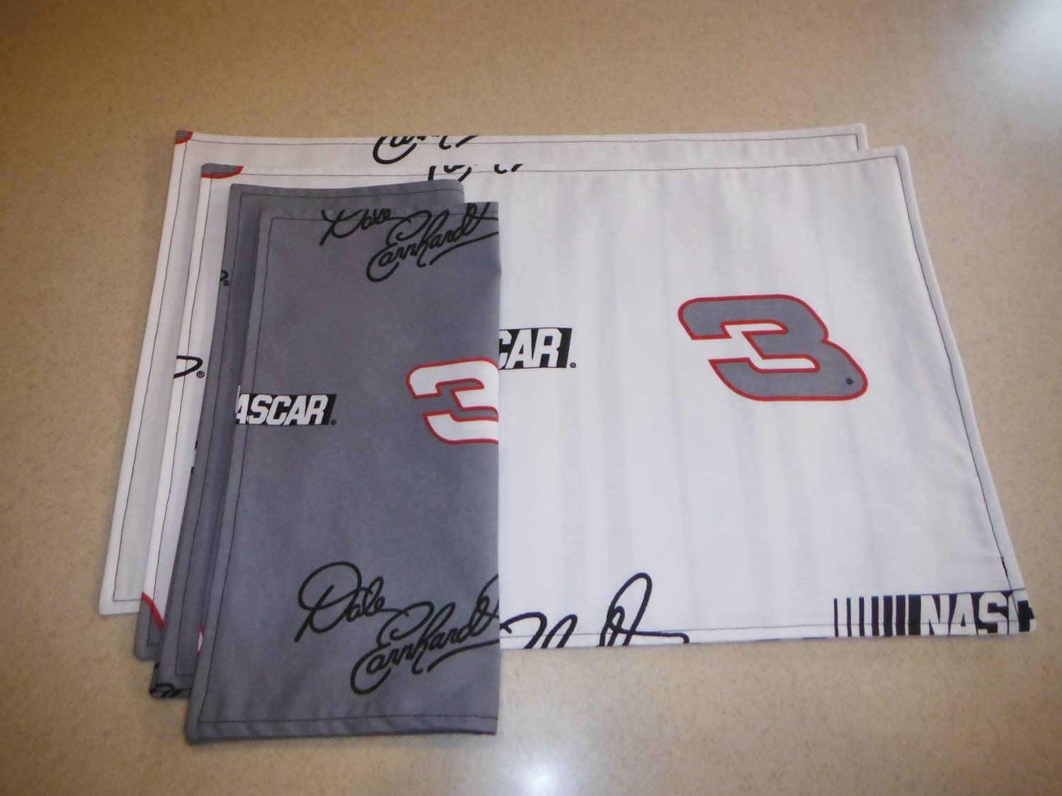 Set of 2 Reversible Cloth Placemats with 2 Coordinating Napkins - repurposed Nascar theme bedsheets