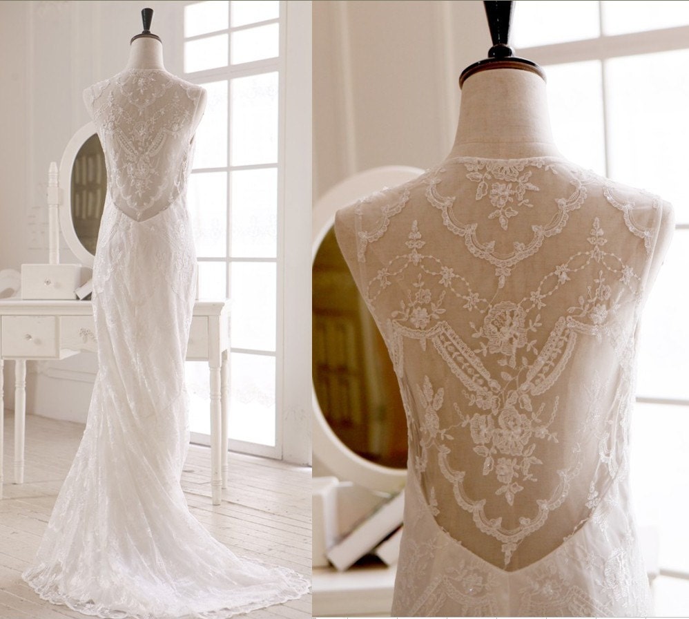 Claire Pettibone Inspired Lace Wedding Dress Open See through Back Mermaid Dress - avivaly