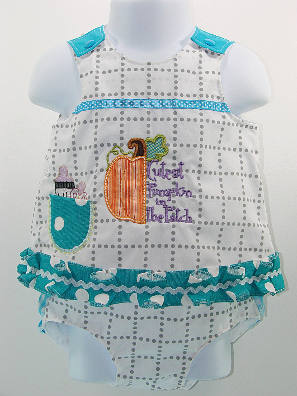 Organic Cotton Dots & Squarea Custom Boutique Handmade Size:1M - 3M BABY Girl Dress and Ruffled Diaper Cover